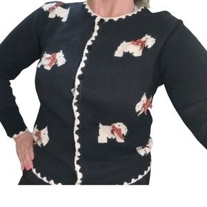 TALBOTS SWEATER CARDIGAN BLACK WHITE DOG WESTIE SCOTTISH TERRIER SIZE SP PETITE